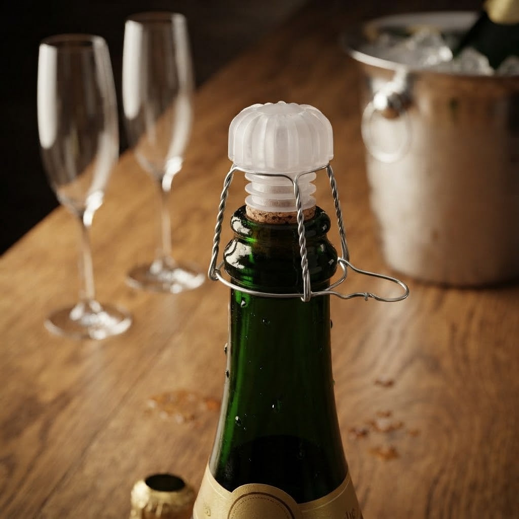 Tappi in plastica con alette e gabbiette per vino frizzante, spumante e prosecco