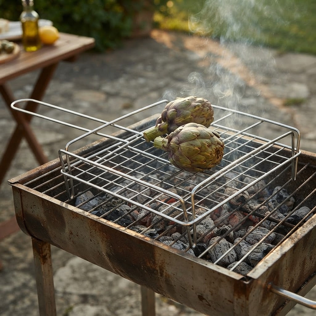 Graticola per carciofi da barbecue, griglia in acciaio con piedini alta qualità "Made in Italy"