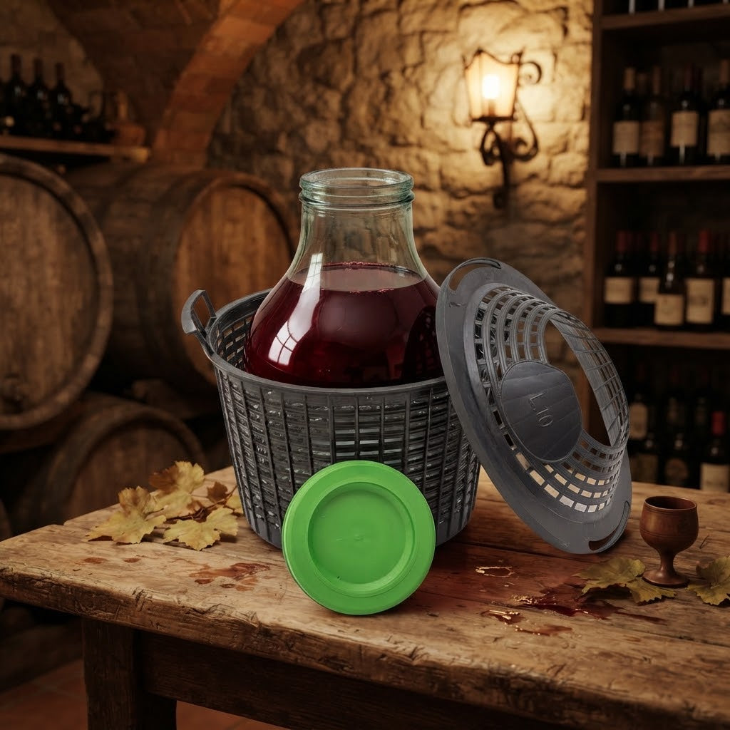 Damigiana in vetro "Bocca Larga" per vino, infusi e distillati con cesta in plastica