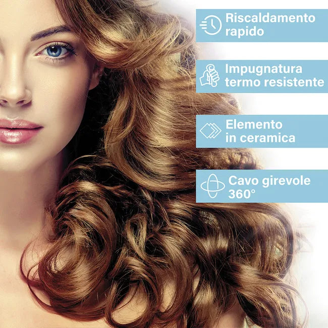 Piastra arricciacapelli con ferro a spirale, meccanismo blocca ciocche e impugnatura termoresistente