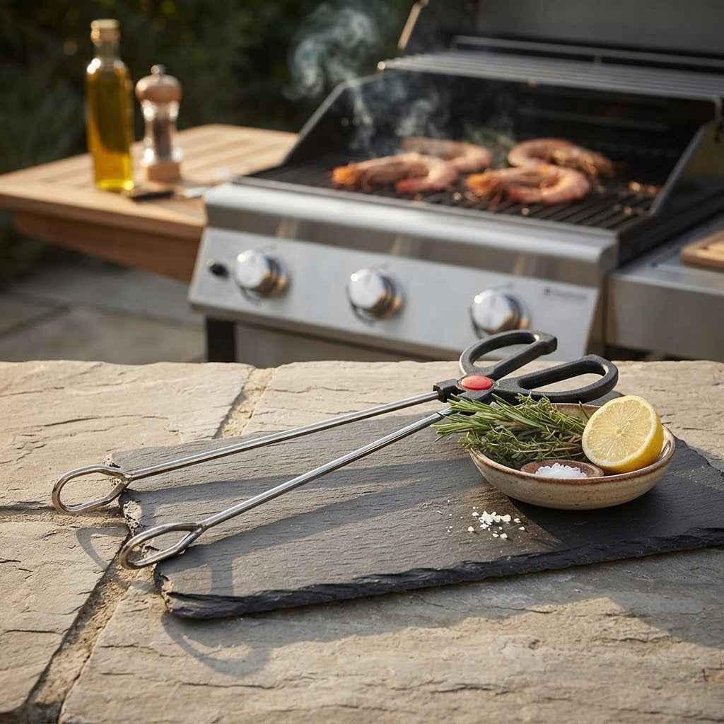 Pinza a forbice per barbecue in acciaio inox con manico in plastica isolante 35 cm