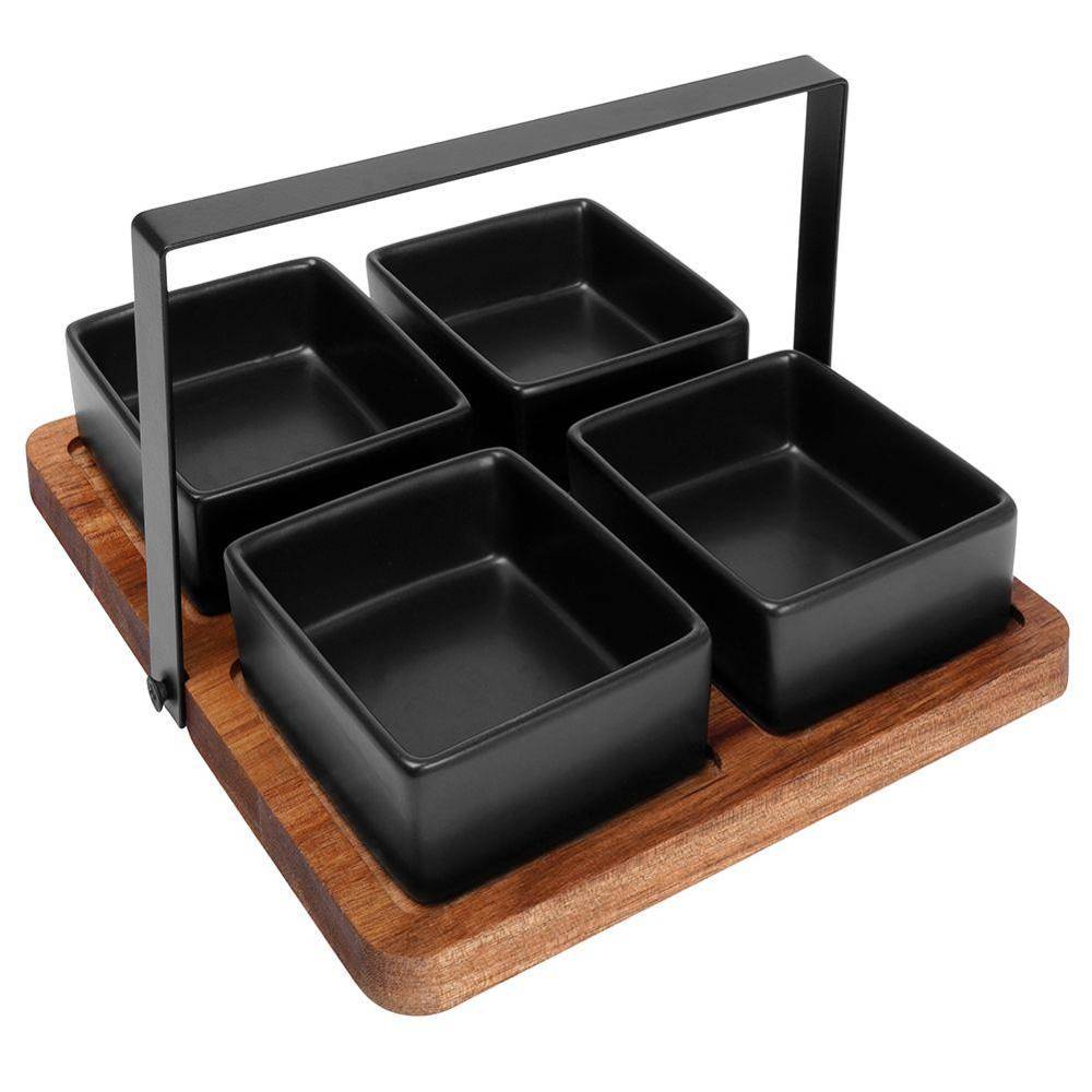 Set Ciotole di ceramica colore antracite con supporto in legno per snack e antipasti