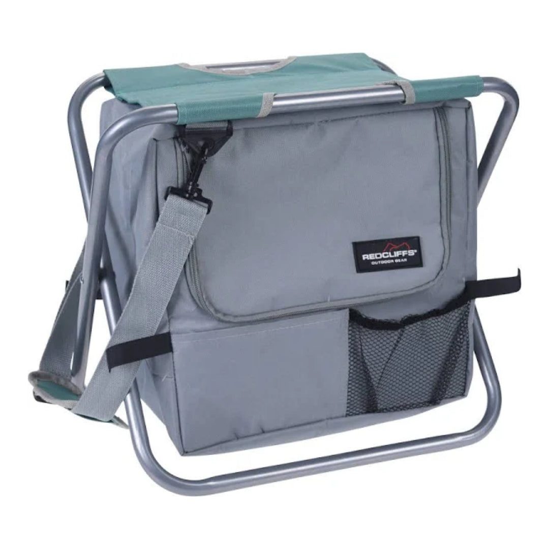 Sedia pieghevole con borsa isotermica per mare e spiaggia, colore blu e grigio, da 31,5 x 41 x 26,5 cm.
