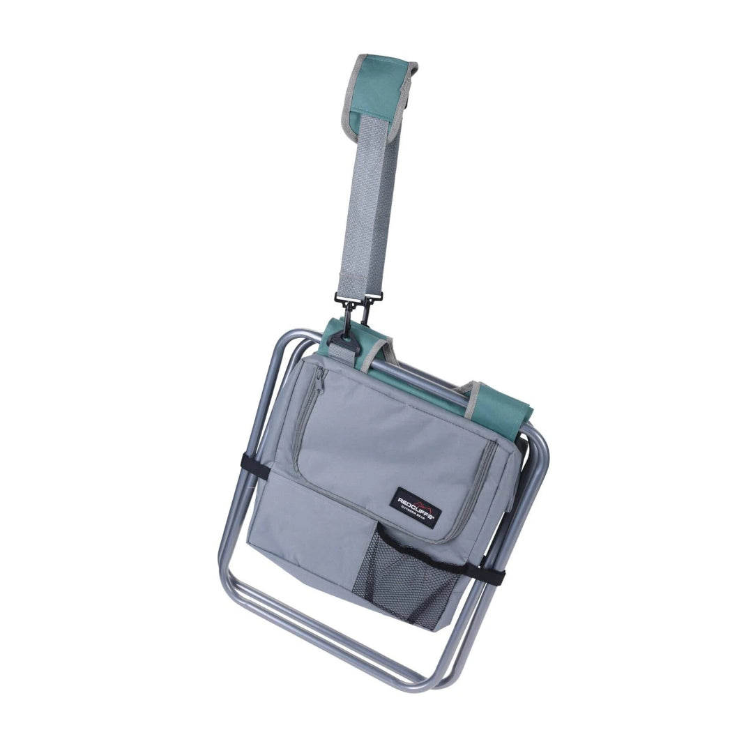 Sedia pieghevole con borsa isotermica per mare e spiaggia, colore blu e grigio, da 31,5 x 41 x 26,5 cm.