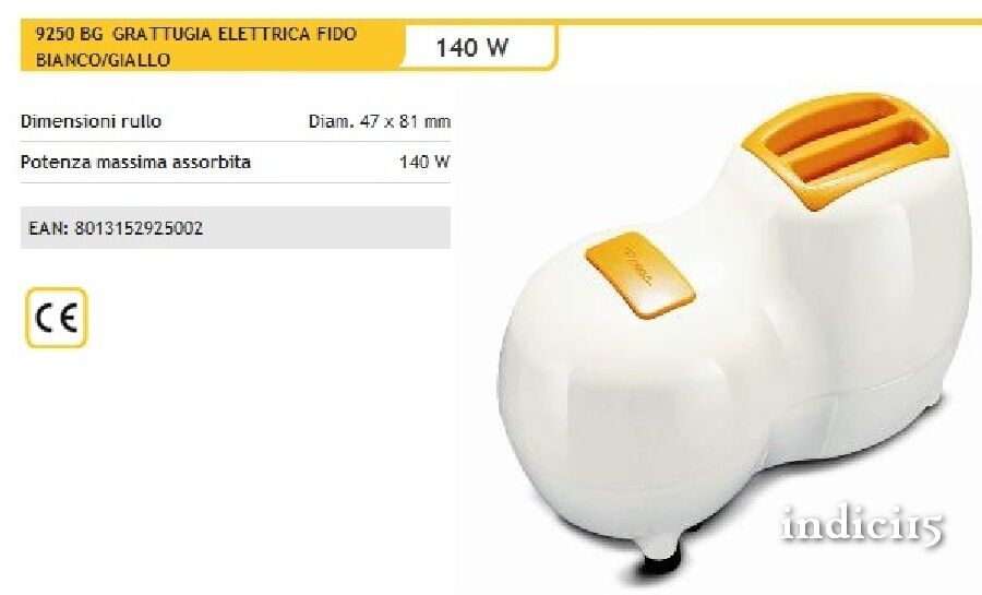 Grattugia Elettrica "Fido" Tasto accensione di sicurezza, contenitore estraibile, rullo dentato in acciaio. Sistema di pressione salvavita.