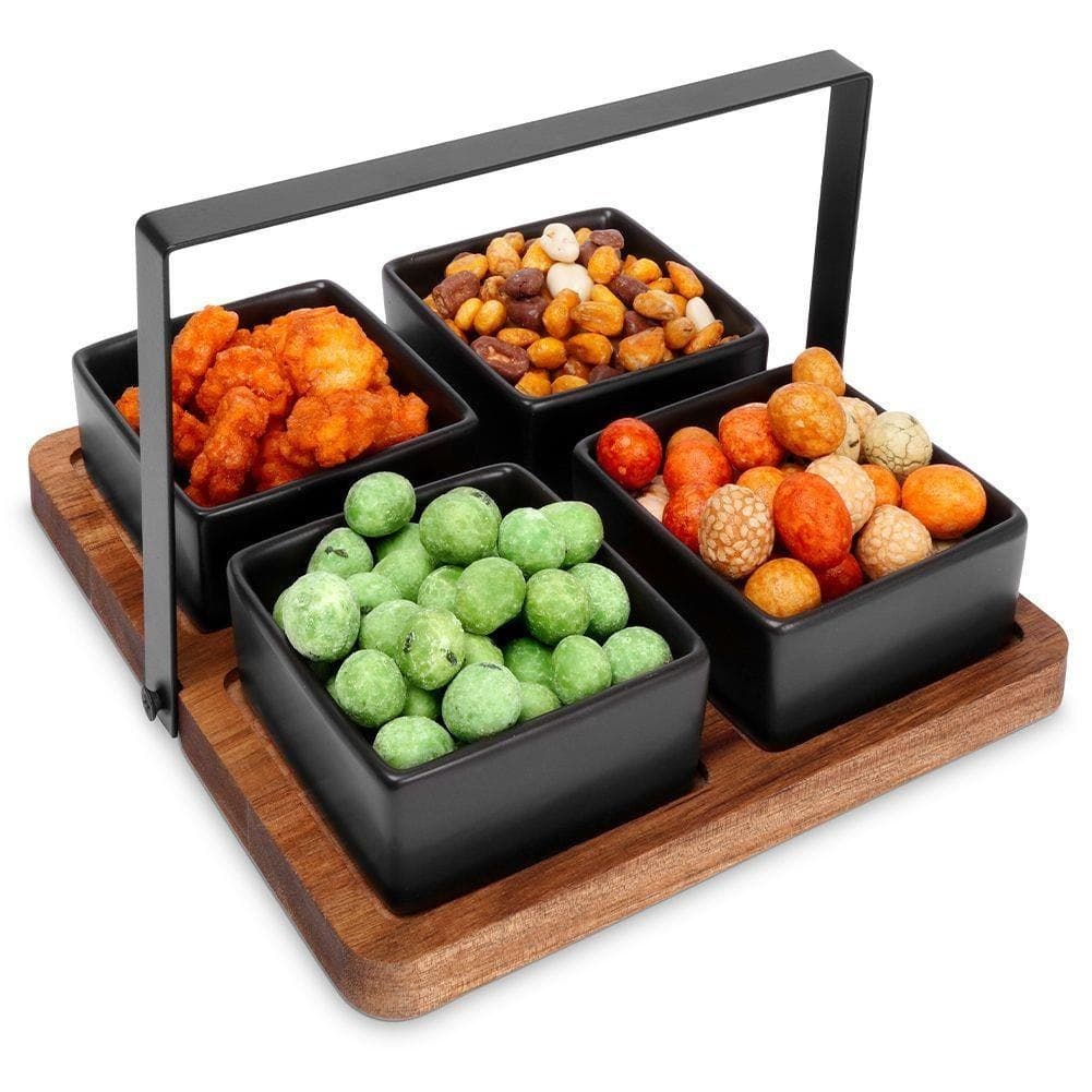 Set Ciotole di ceramica colore antracite con supporto in legno per snack e antipasti