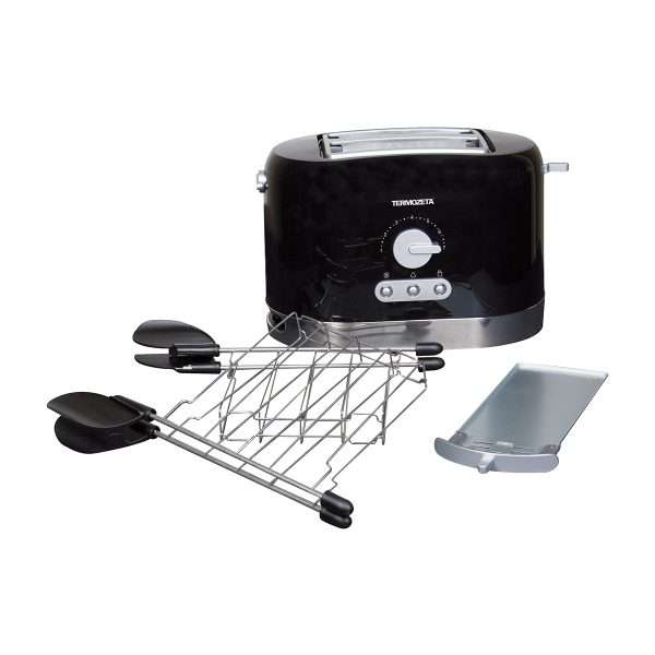 Tostapane in acciaio inox con timer a 7 livelli diversi di doratura e Pinze con impugnature termoresistenti