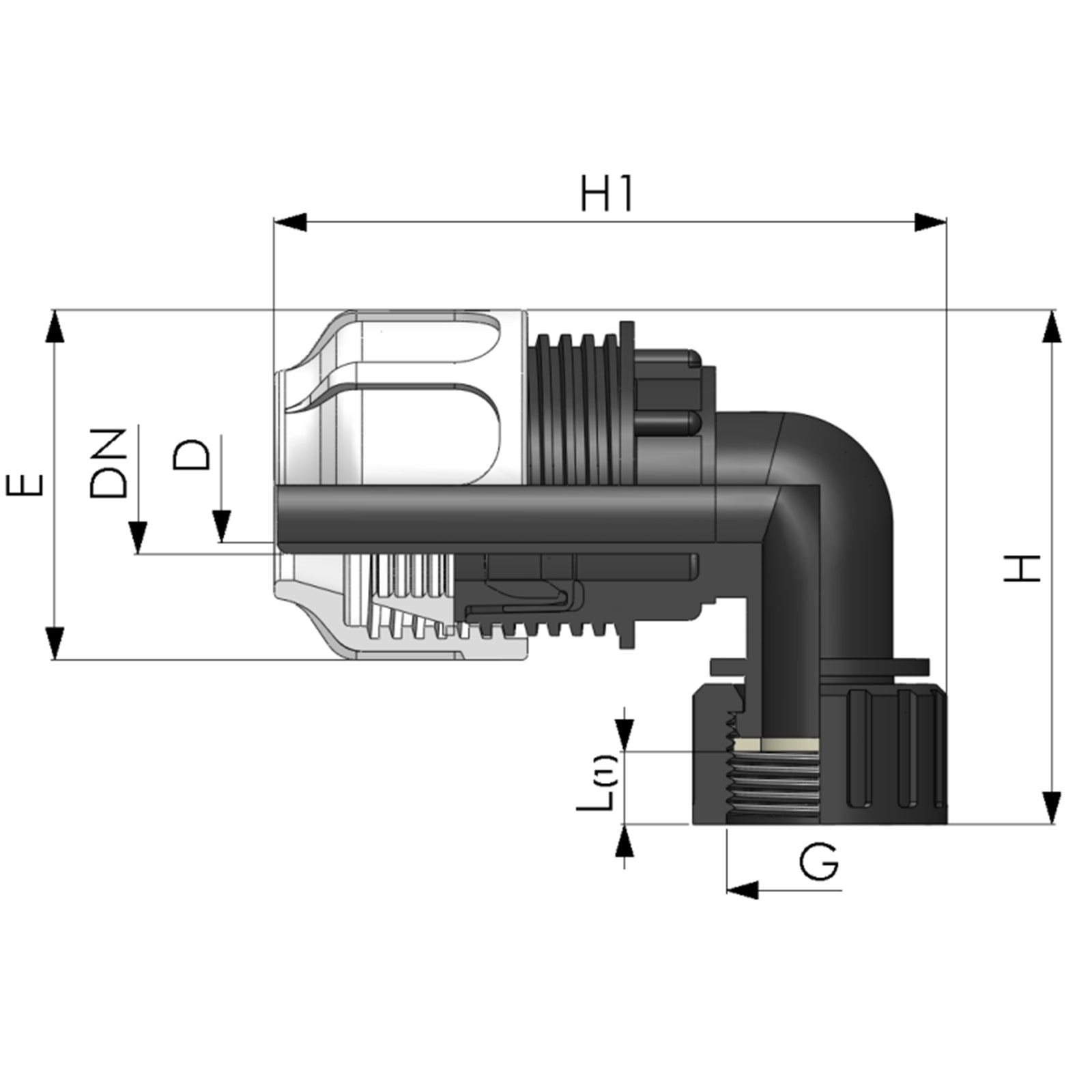 Giunto a gomito 90° raccordo portagomma a compressione