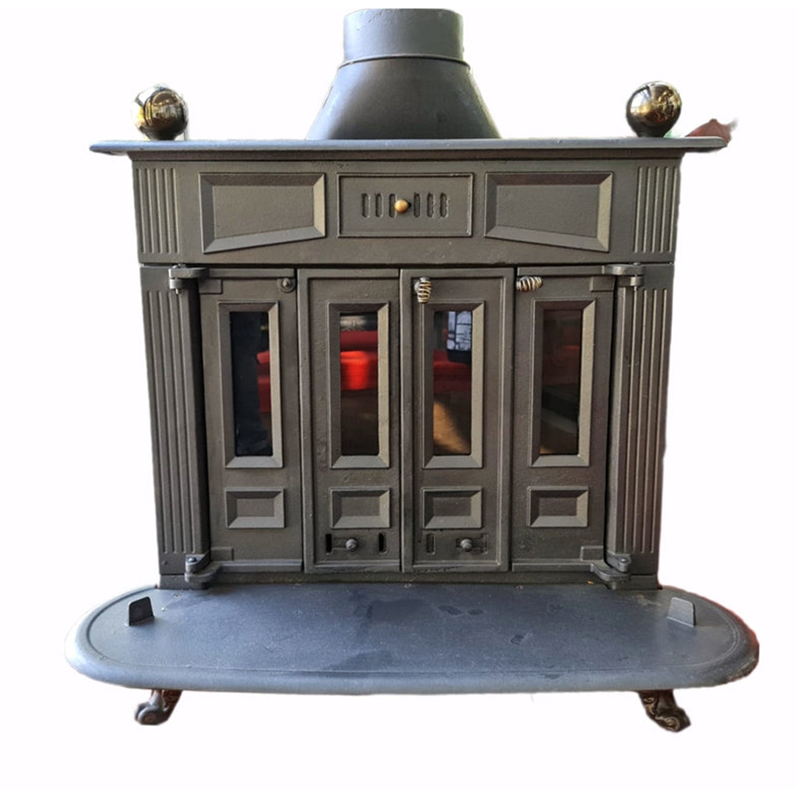 Stufa a legna "Franklin" 13 kW in ghisa con inserti ottone caminetto h 100 cm