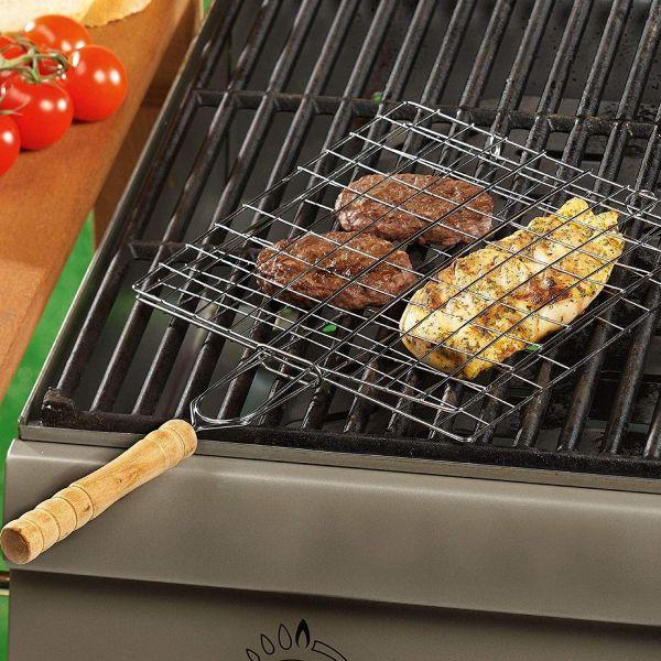 Graticola per barbecue, griglia in acciaio con manico in legno a barre di alta qualità 40 x 20 cm