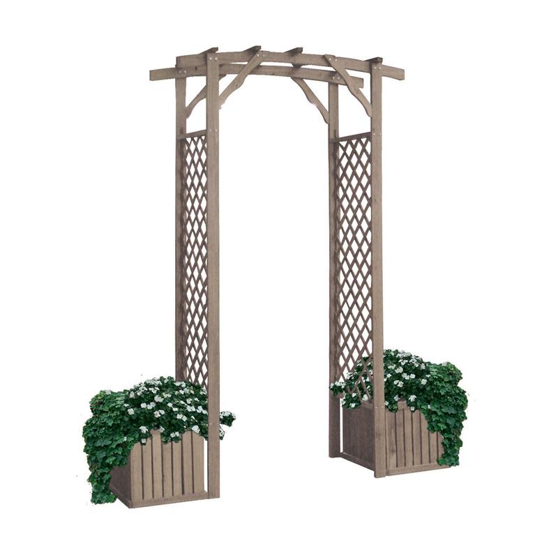 Portale grigliato con 2 fioriere "Patio" in legno tropicale naturale per recinzioni giardino e terrazzo