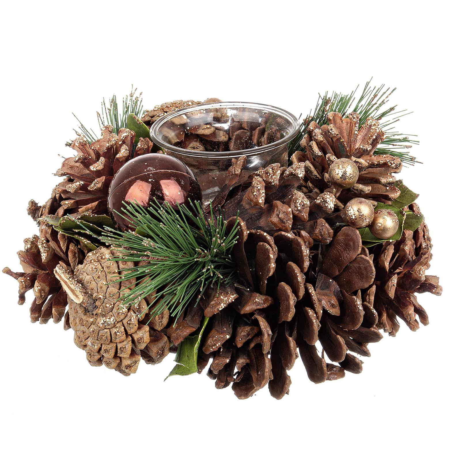 PORTA CANDELE CON PIGNE HOLZ MARRONE Ø 19 CM CENTROTAVOLA NATALIZIO DECORAZIONE