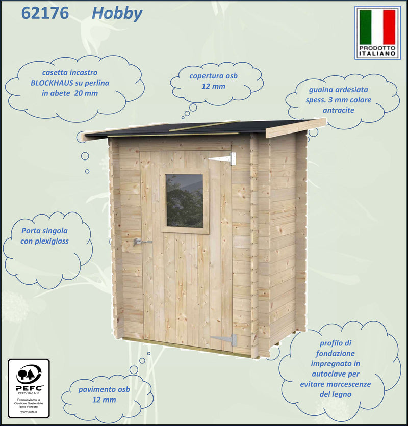 Casetta in legno con porta finestrata deposito da giardino monofalda "Made in Italy"