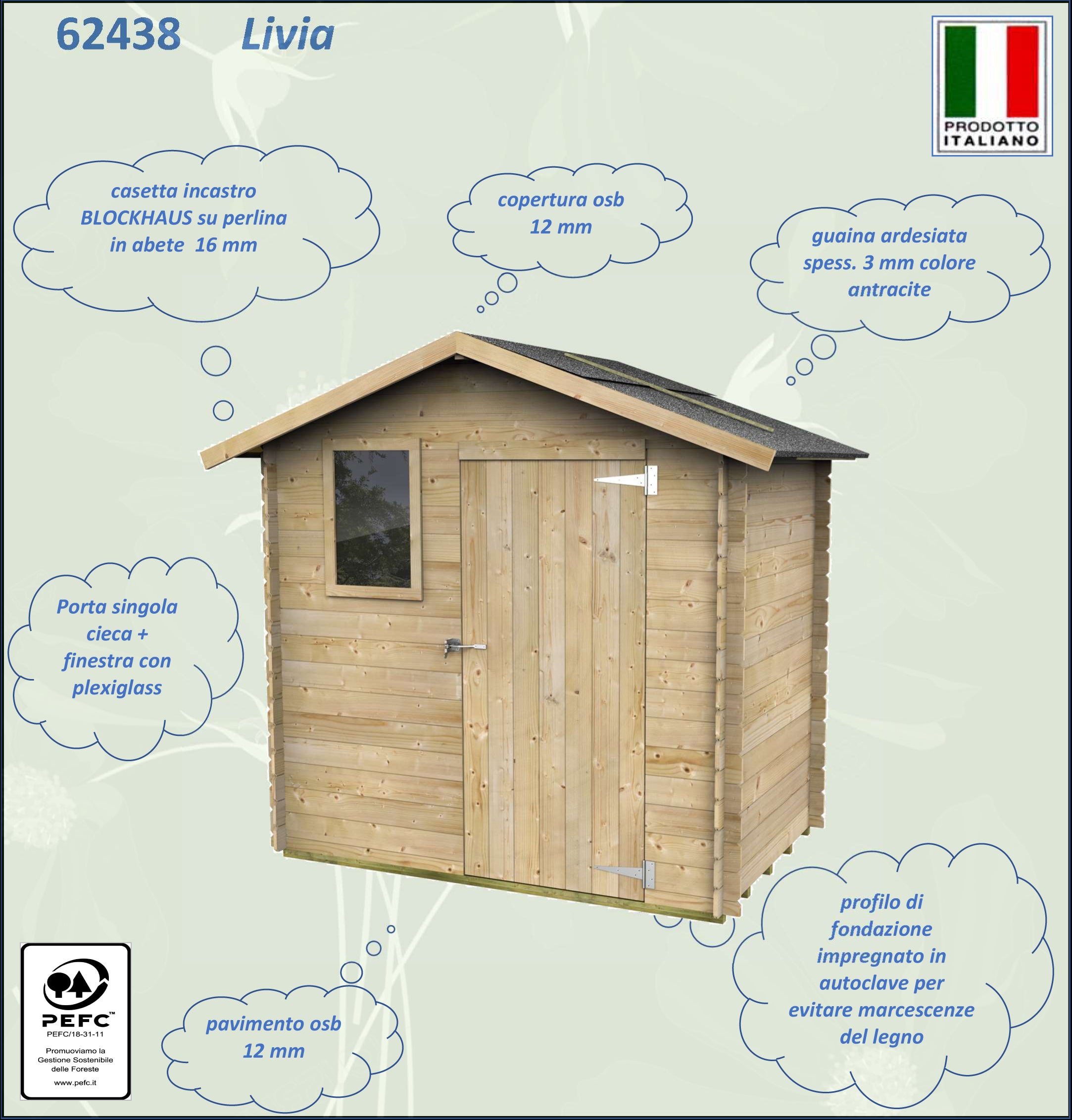 Casetta in legno con porta finestrata deposito da giardino "Made in Italy" 198 x 130 x h 205 cm