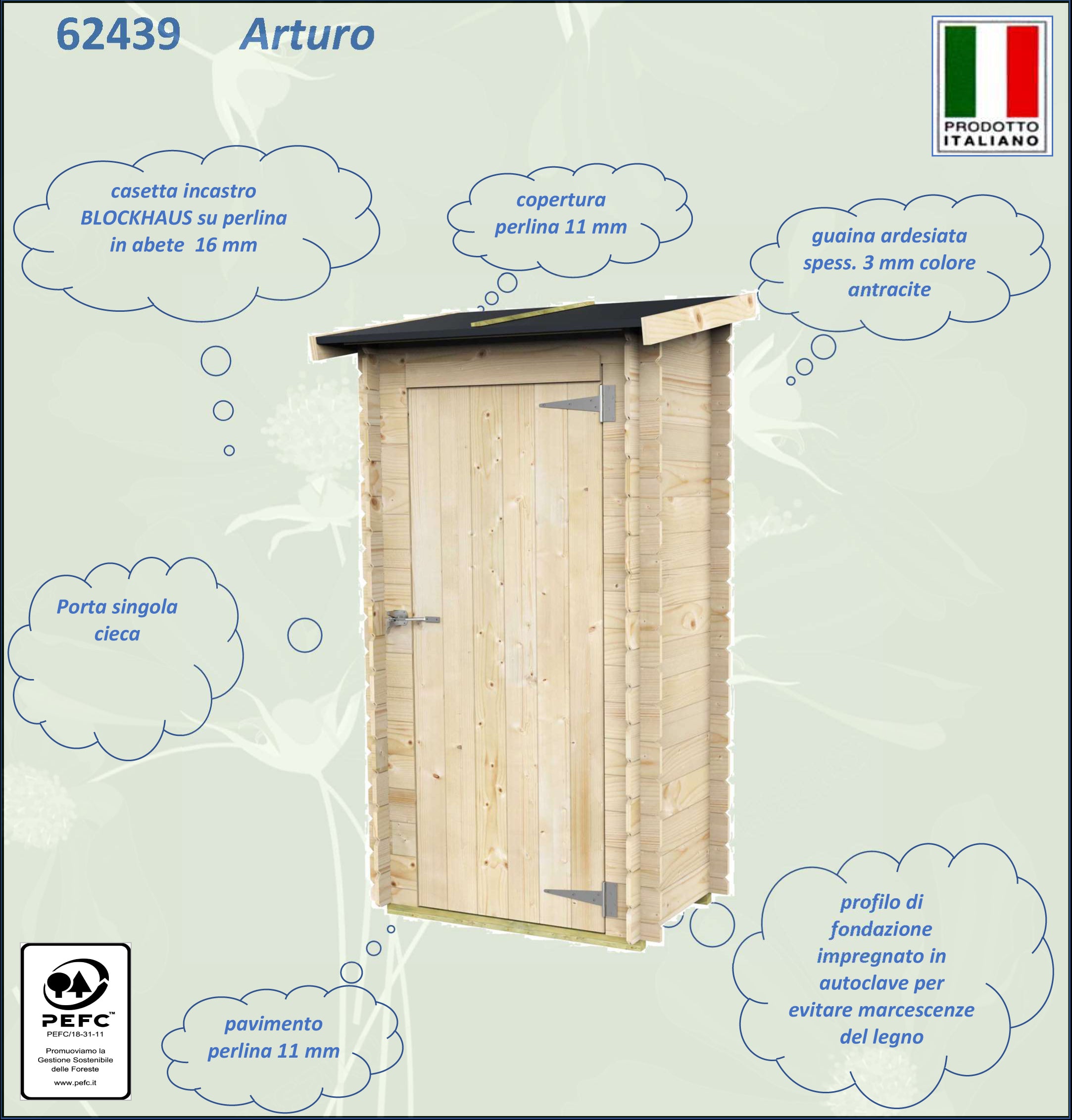 Casetta in legno con porta finestrata deposito da giardino per attrezzi "Made in Italy" 98 x 64 x h 188 cm