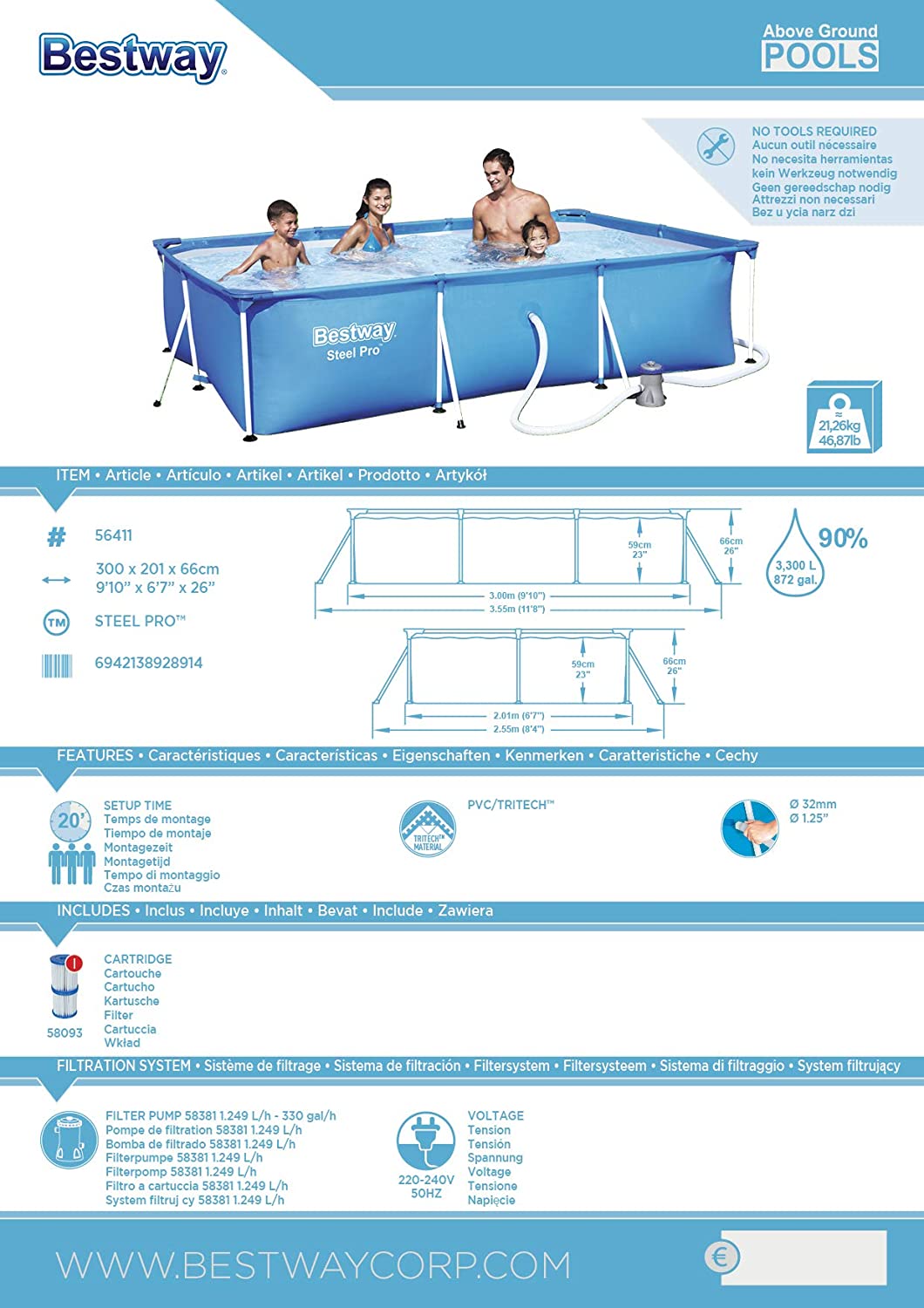 Piscina fuori terra rettangolare Bestway con pompa filtraggio 300 x 200 x h 66 cm