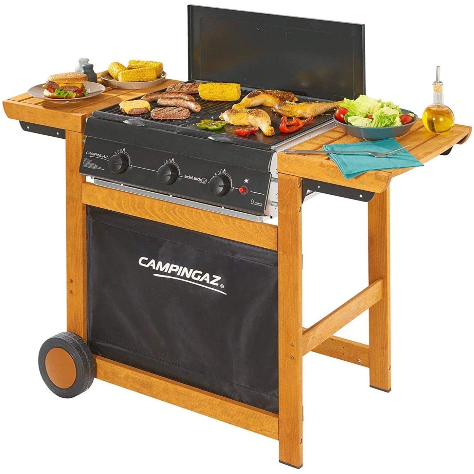 Barbecue "Adelaide 3 Woody Dual Gas" BBQ fornello brace con griglia e ruote a gas 3 bruciatori