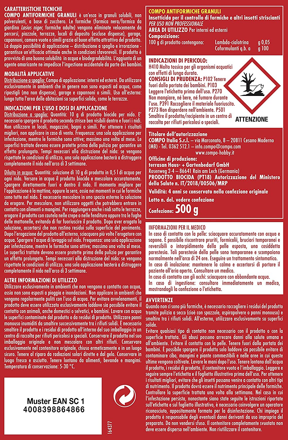 Insetticida granulare anti formiche da 500 gr pronto all'uso per interno ed esterno