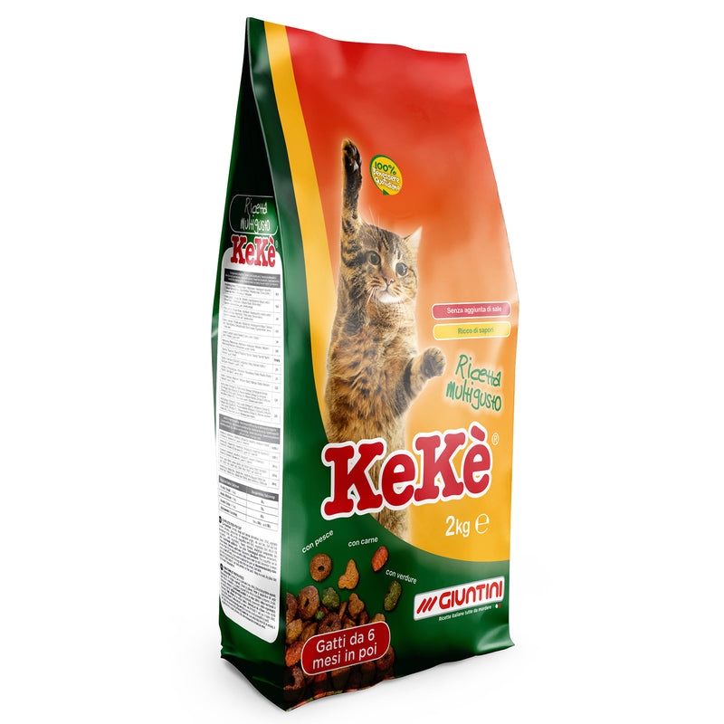 Crocchette Keke Multigusto per gatti 2 kg a base di carne, cereali e verdura.