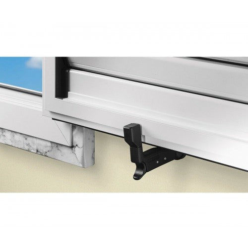 Ferma persiane automatico universale in plastica nera con bloccaggio da muro, aggancio e sgancio automatico, vite e tassello inclusi.