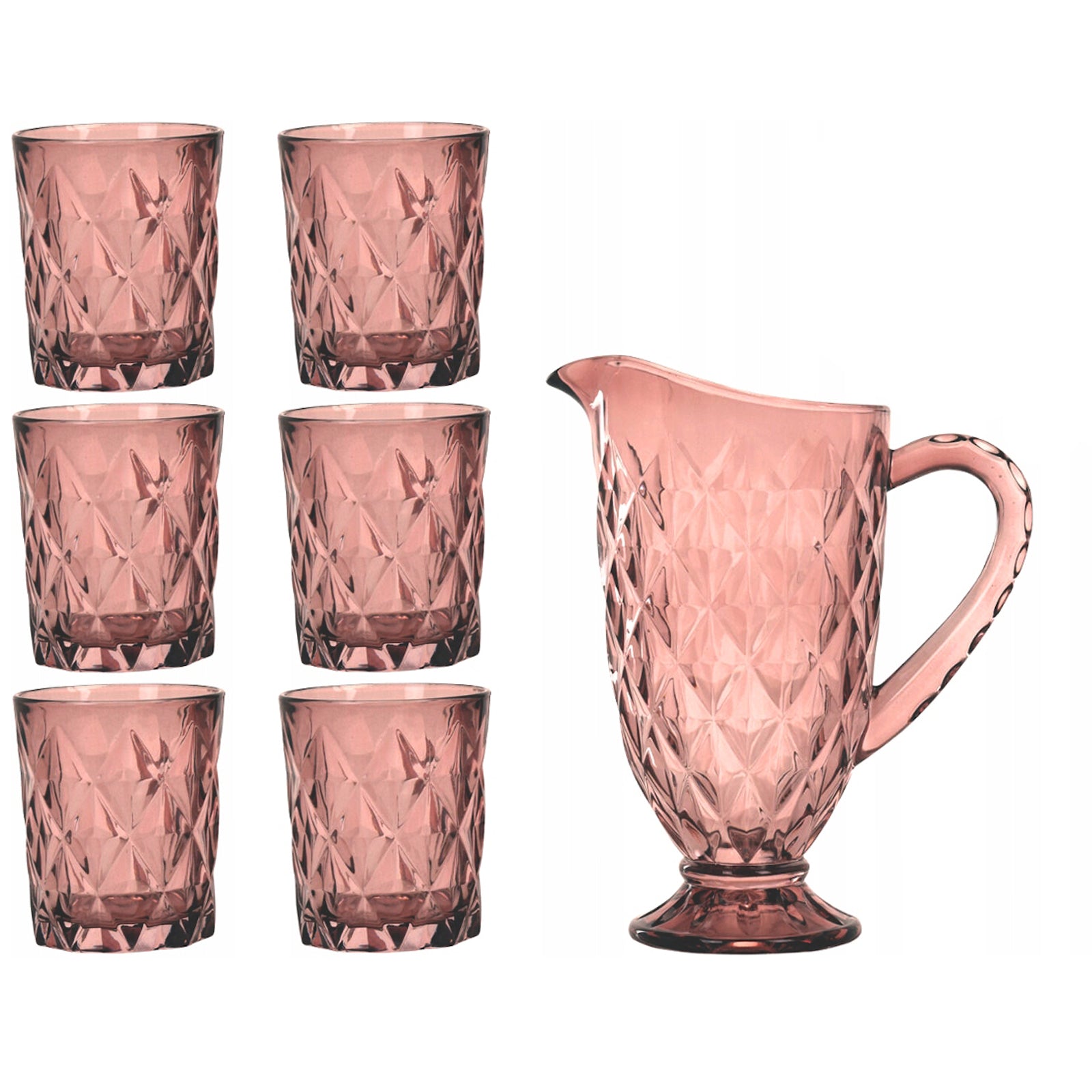 Caraffa in vetro con beccuccio e manico, set caraffa + 6 bicchieri in vetro