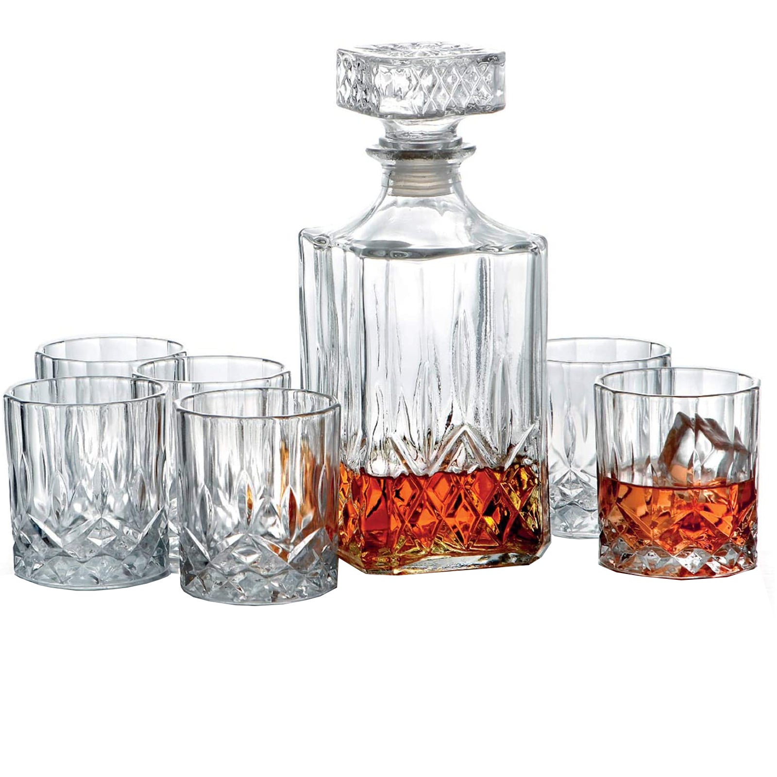 Set Bottiglia decanter da Whisky con 6 bicchieri in vetro intagliato 900 ml