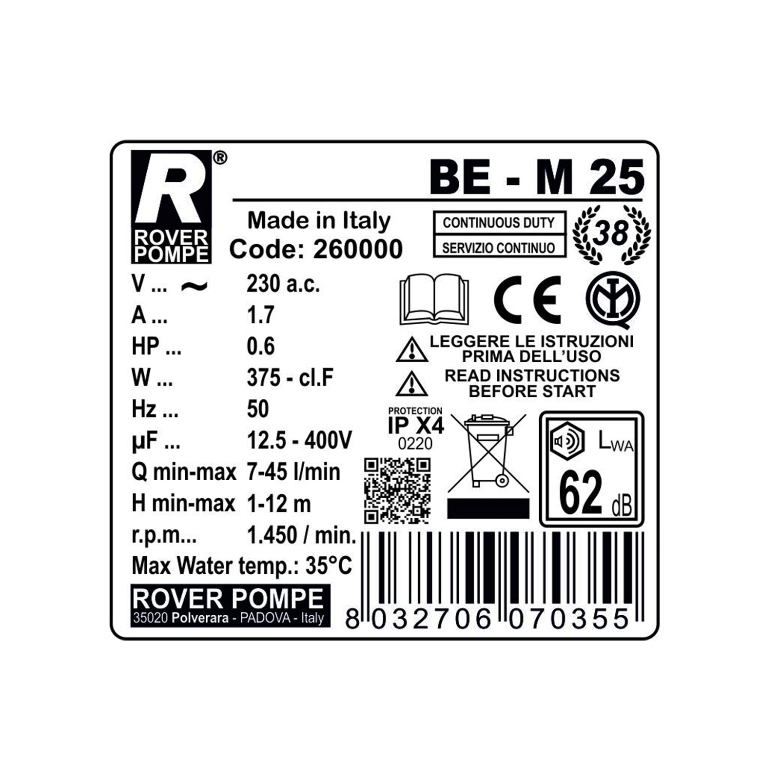 Elettropompa per travaso liquidi autoaspirante bisenso pompa in ottone e acciaio Inox BE-M 25