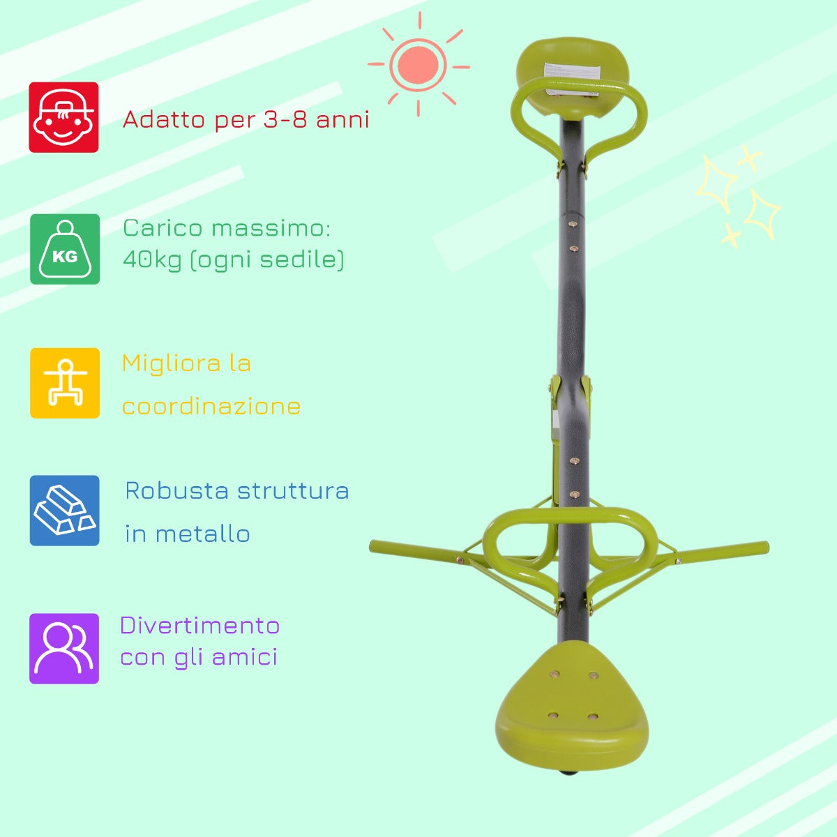 Altalena basculante e rotante a 360° da giardino per bambini con struttura in acciaio