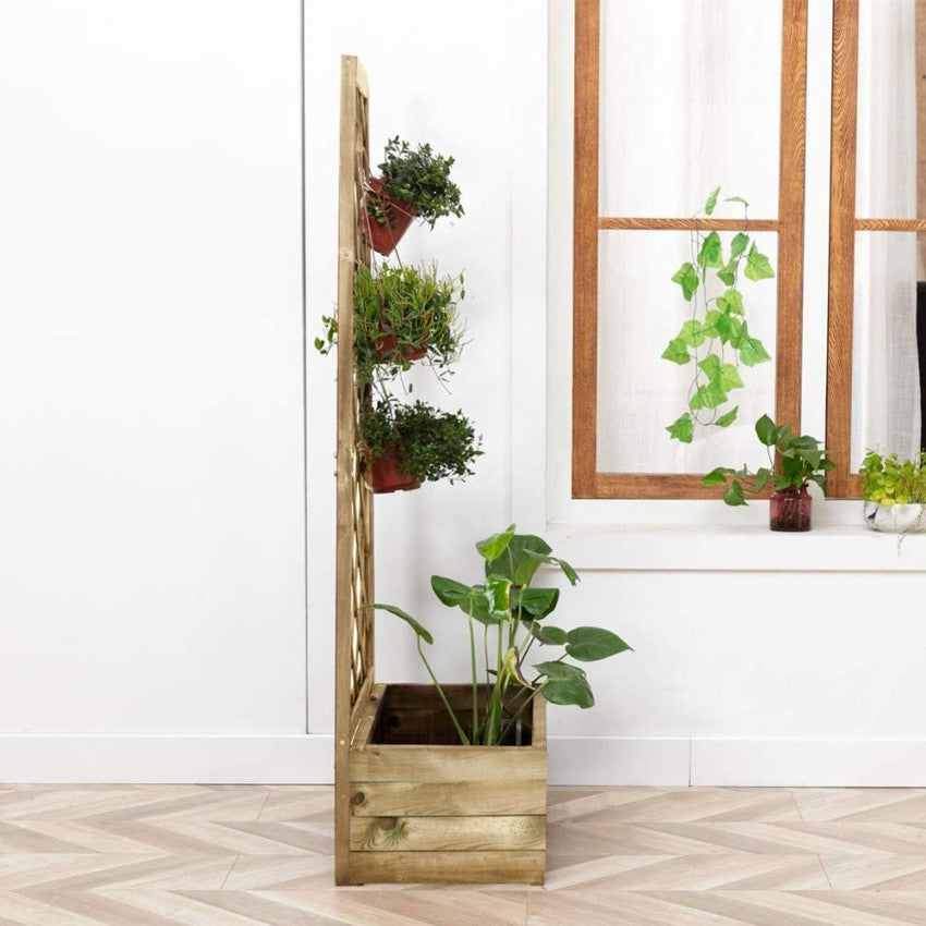 Pannello grigliato con fioriera in legno di pino naturale per recinzioni giardino e terrazzo h 140 cm