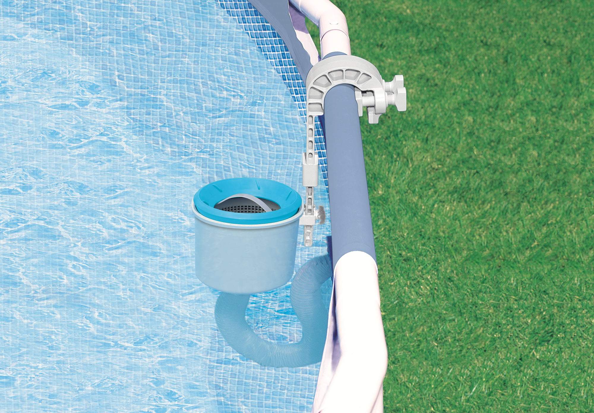 Skimmer di superficie raccolta foglie e dispenser cloro per piscina con struttura e ciambella