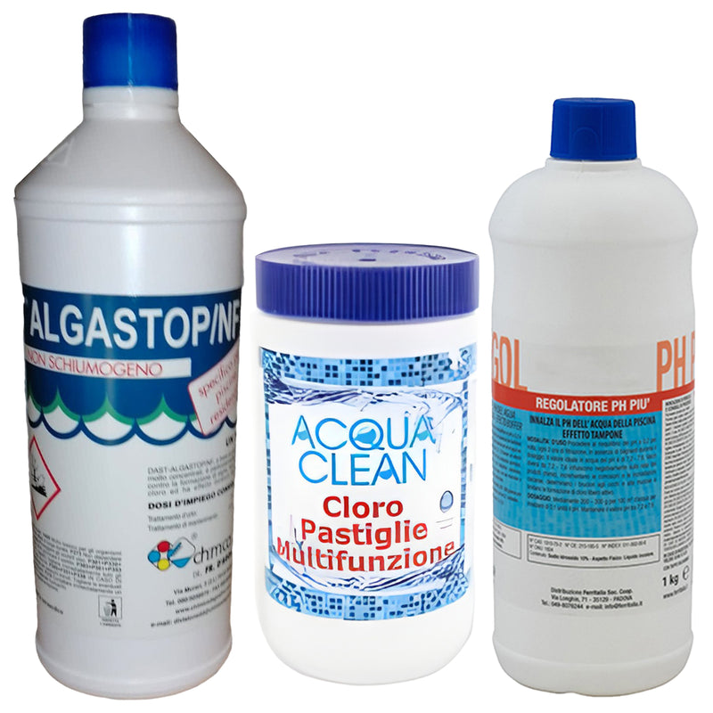 Kit di trattamento per piscina e acqua con cloro, alghicida e correttore pH