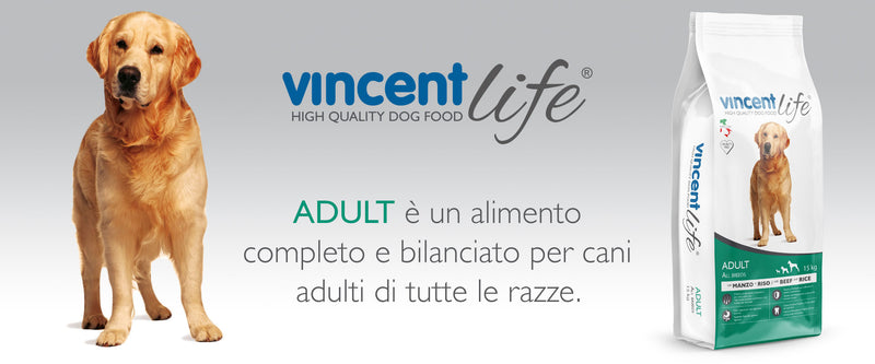 Crocchette Vincent Life Adult 15 kg per cani attivi a base di manzo, verdure e cerali